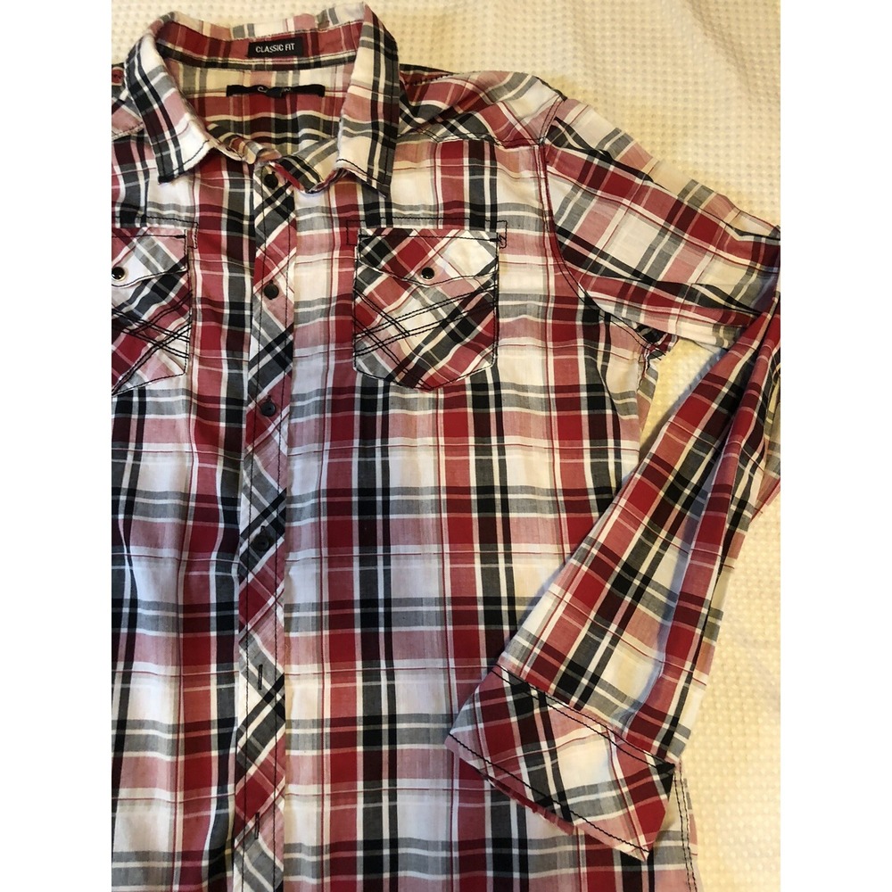 Carbon - Men's 2XL -Black White Red Plaid - Long Sleeve Collared Button Up Shirt